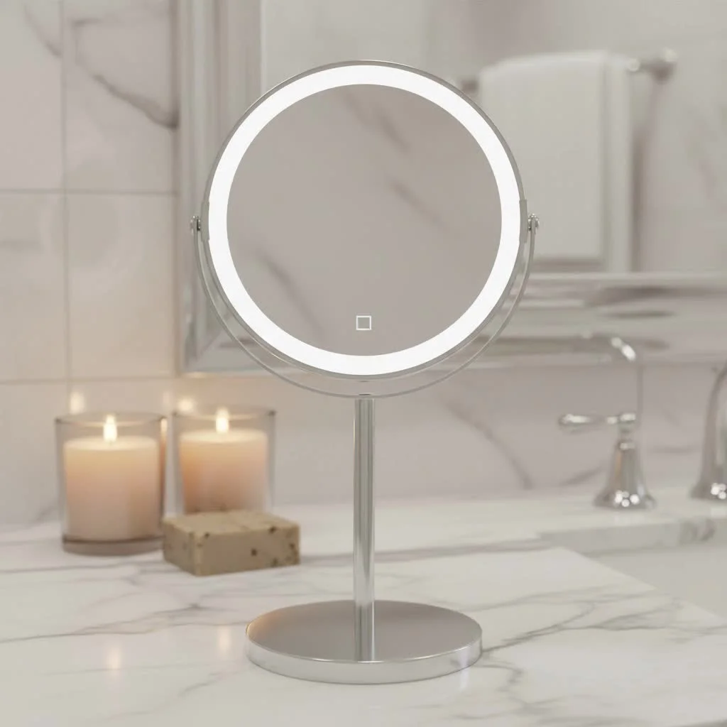 Wall mounted makeup mirror with LED lighting