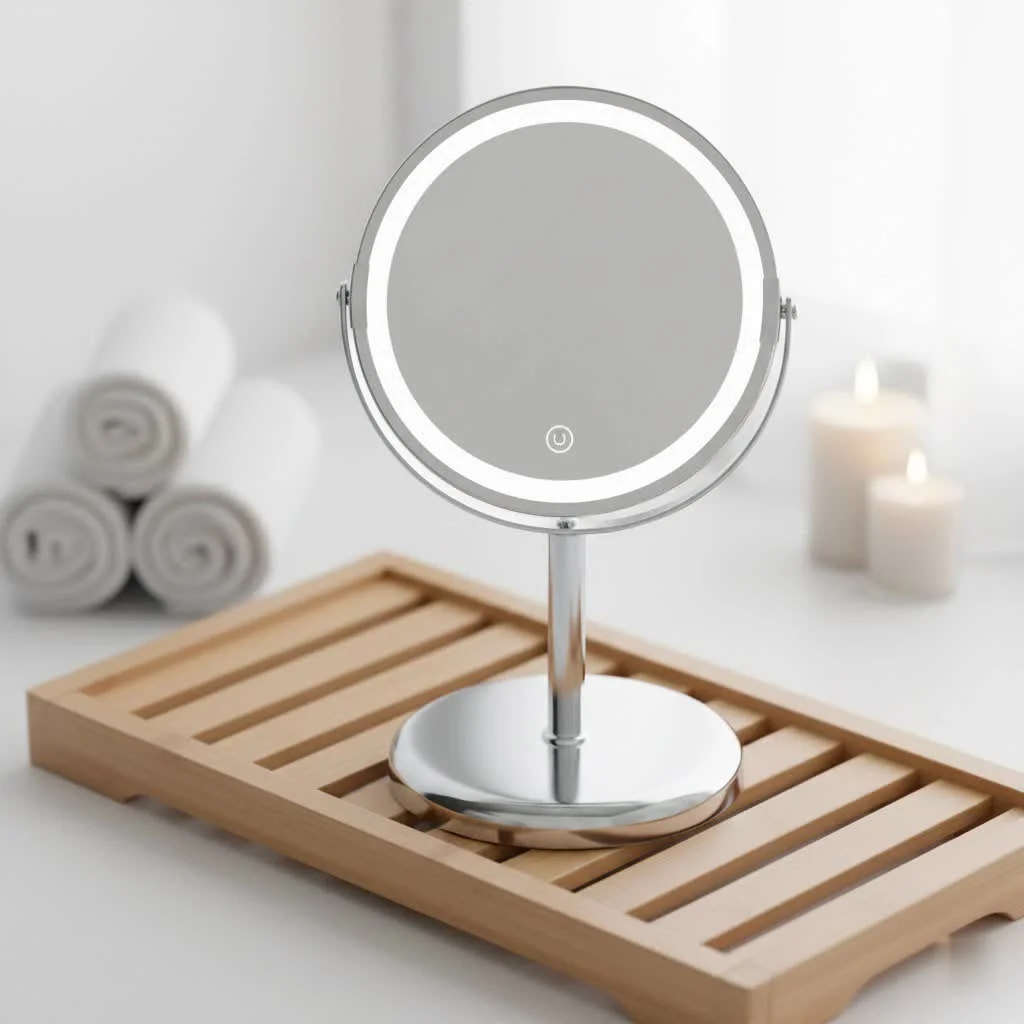 Makeup desk with mirror and organized beauty products