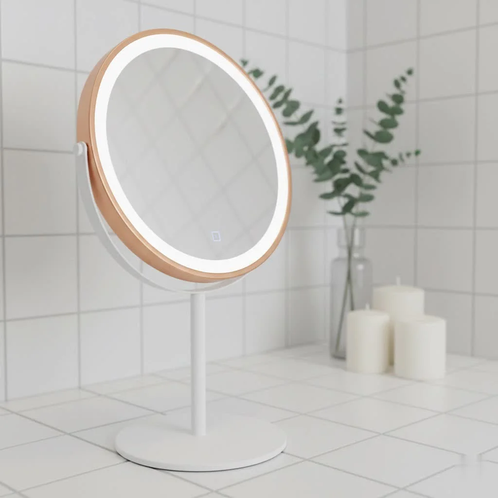 Woman applying makeup using a lighted mirror