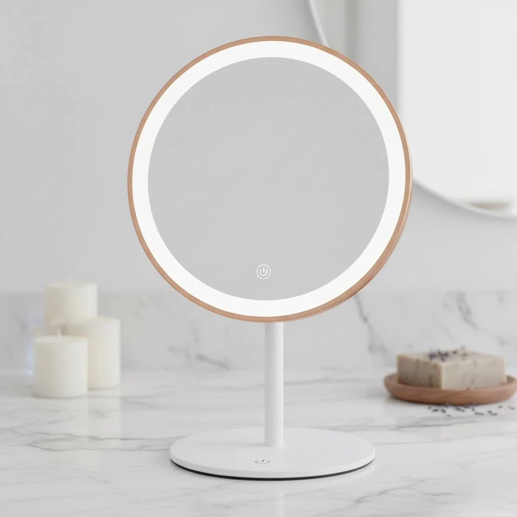 Woman holding a handheld makeup mirror for precise application